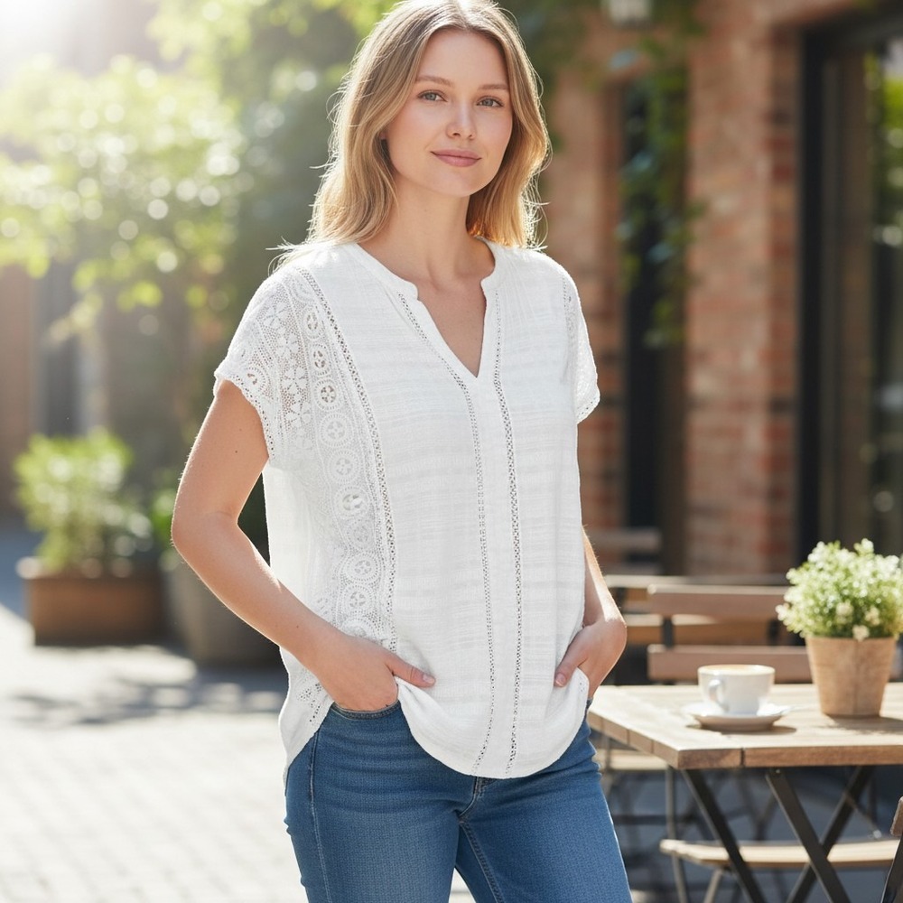 Lilyful White Crochet Lace Panel Boho Blouse Short Sleeve V-Neck Gauze Top Small